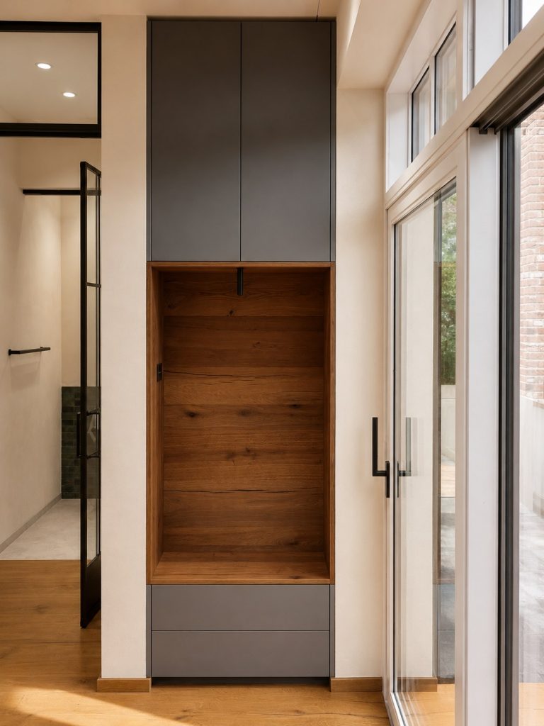 Schrank anthrazit Eiche Nische Stahlfenster
